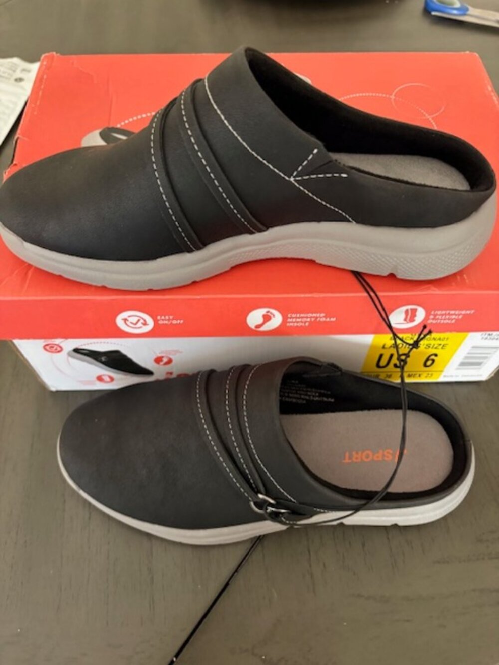 NIB Women's J Sport Shoes Gina Mules Slides Slip On Black White Size 6 Comfort